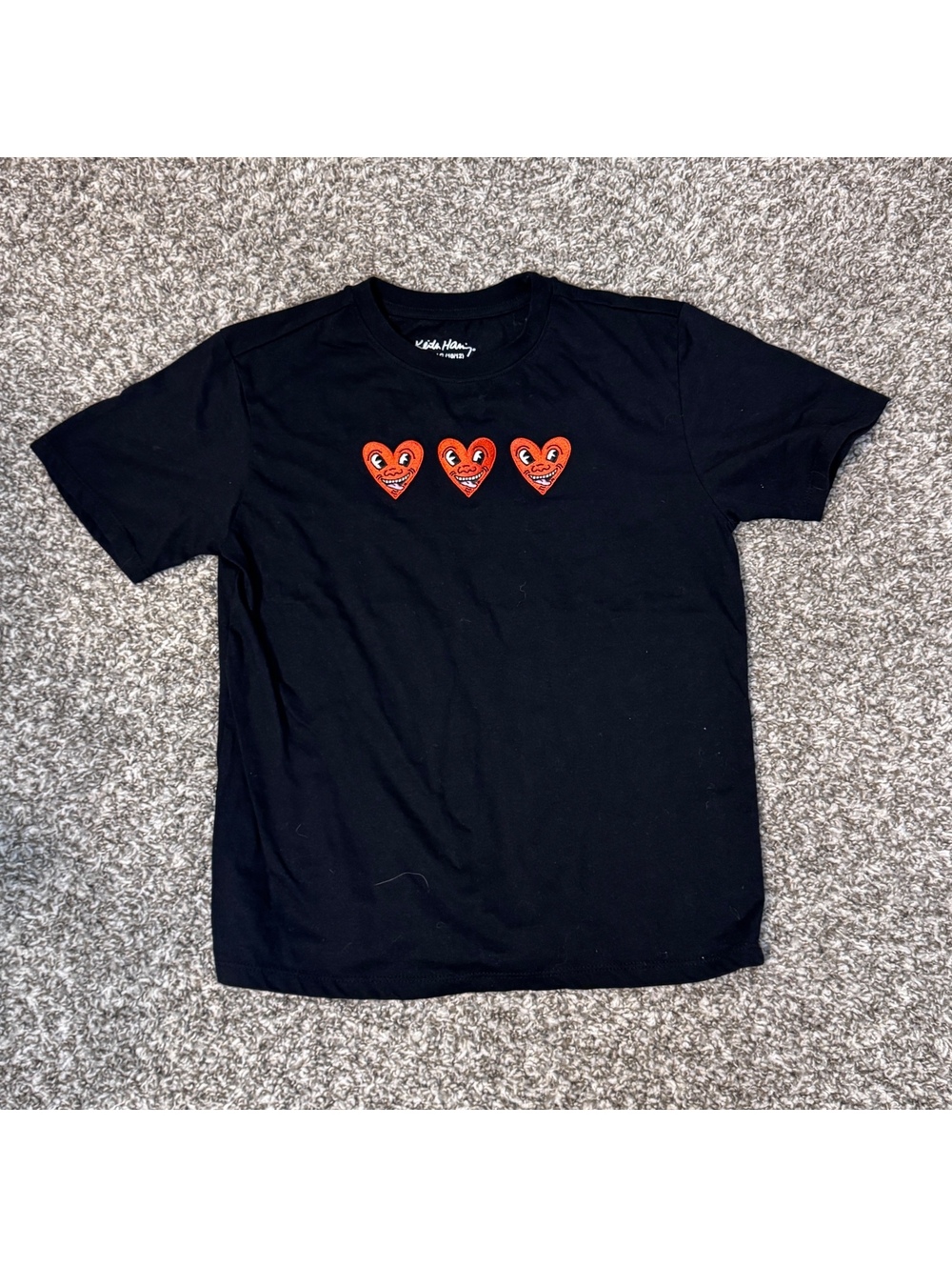 Keith Haring Baby Doll Tee Black Embroidered 3 Heart Graphic Size L